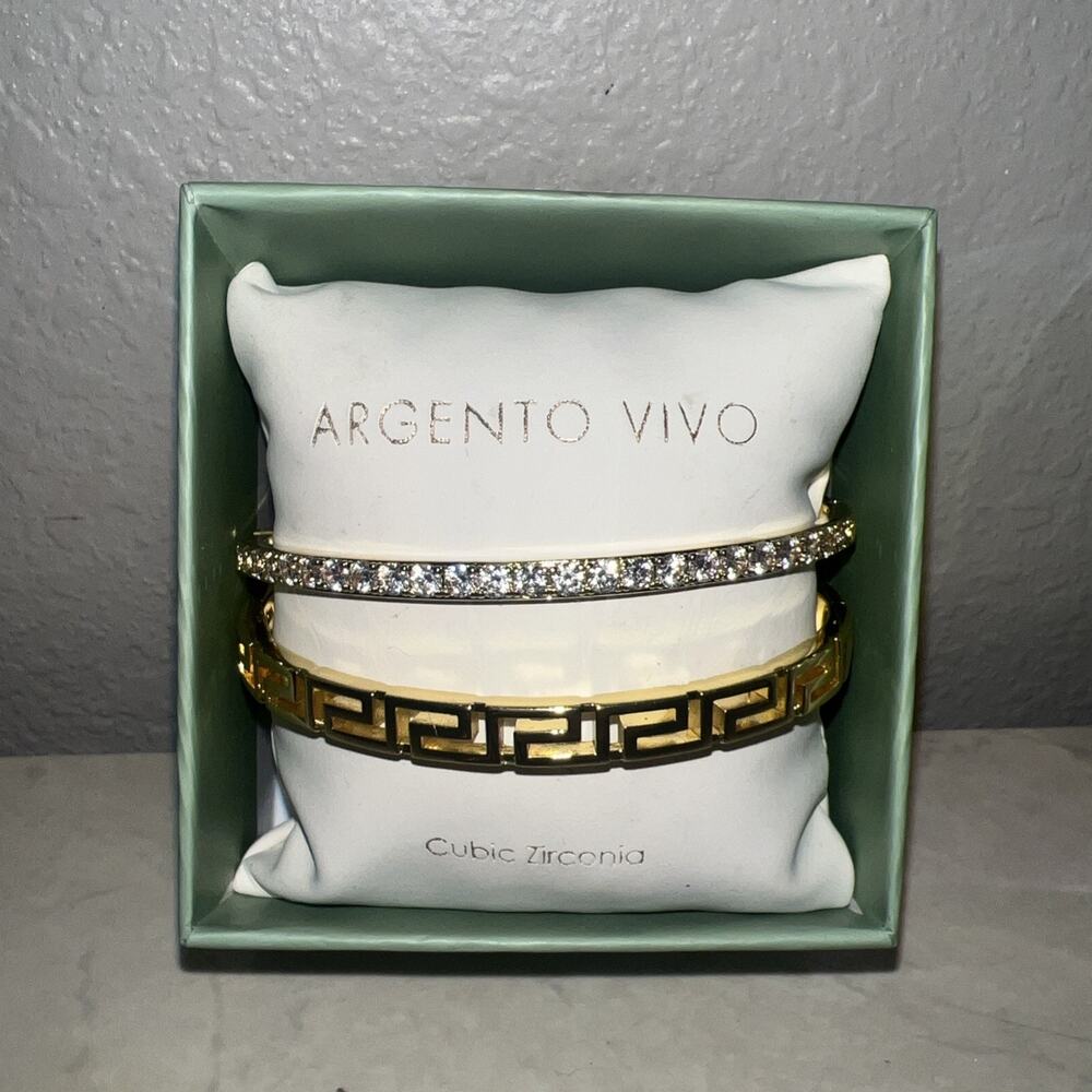 SET OF TWO GOLD TONE METAL CLEAR CUBIC ZIRCONIA CUFF BRACELETS ARGENTO VIVO NIB